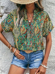 Layla™ | Short Sleeve Paisley Print V-Neck Blouse