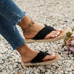 Womens Bohemian Charm - Stylish Summer Flat Sandals with Woven Detail, Adjustable Buckle Strap, and Cushioned Sole - Perfect for Beach & Outdoor Wear