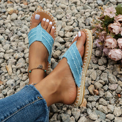 Womens Bohemian Charm - Stylish Summer Flat Sandals with Woven Detail, Adjustable Buckle Strap, and Cushioned Sole - Perfect for Beach & Outdoor Wear