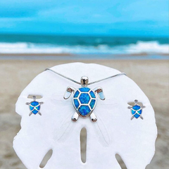 Oceanic™ | Sea Turtle Necklace + Earrings Set in Opal and Silver