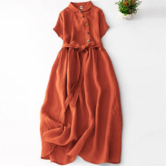 Adeline™ | Cotton & Linen Short Sleeve Solid Color Dress