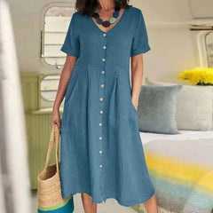 Celeste™ | V-Neck Cotton Linen Midi Dress