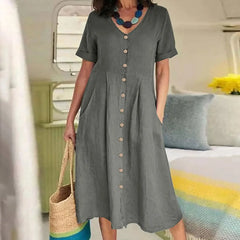 Celeste™ | V-Neck Cotton Linen Midi Dress