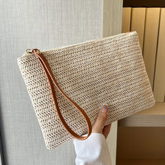 Straw Woven Clutch Bag, Trendy Braided Waist Purse, Women's Zipper Handbags For Phone Coin Key