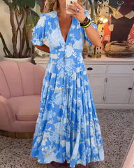 Amelia™ | Elegant Floral V-Neck Long Dress