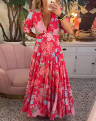 Amelia™ | Elegant Floral V-Neck Long Dress