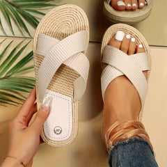 Women's Solid Color Comfy Sandals, Slip On Cross Bands Lightweight Summer Slides, Vacation Non-slip Beach Slides in holiday